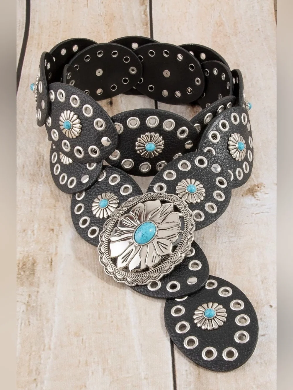 Western Turquoise Concho Disc Leather Belt - Picture 7 of 7
